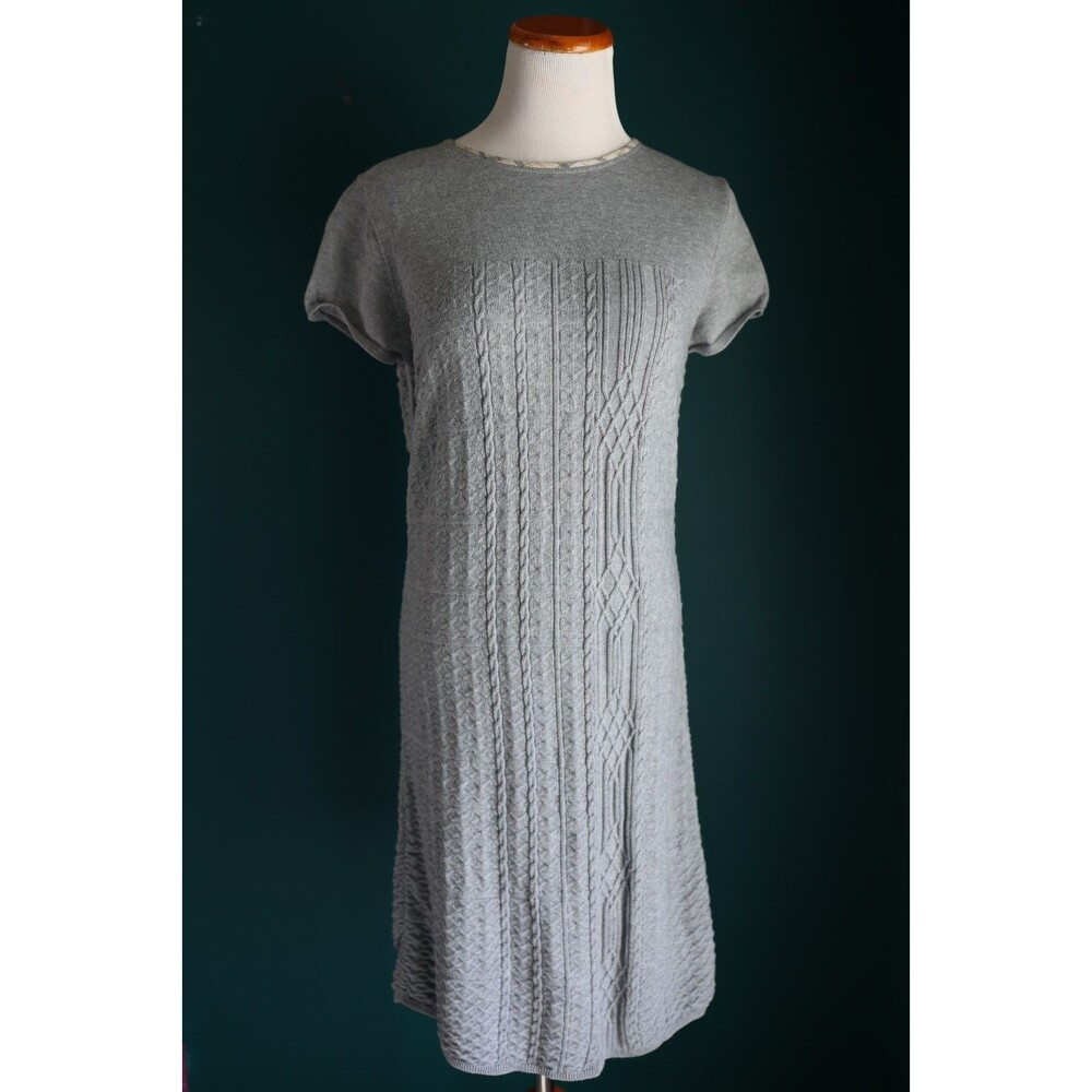 Barbour Sweater Dress Gray Cable Knit Short Sleeve Merino Wool Preppy Size 10
